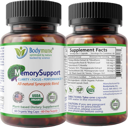Bodymune MemorySupport Brain Health Formula | Supports Mental Clarity, Recall & Concentration* | USDA Organic Nootropic Blend with Ginkgo Biloba & Ashwagandha | 60 Vegan Caps | Made in USA