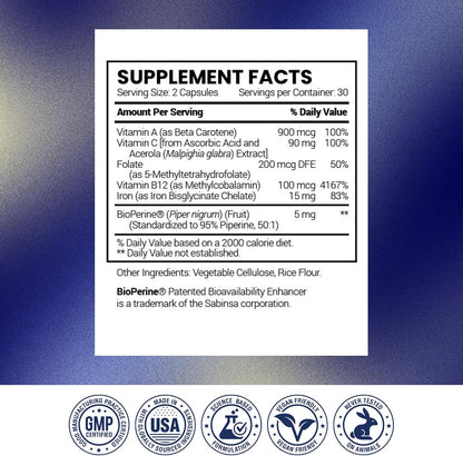 Research Verified Anemitrax - 6-in-1 Complete Blood Builder - Gentle on Stomach Iron Bisglycinate with Vitamin C, B12, Folate & BioPerine for Max Absorption - 180 Vegan Capsules
