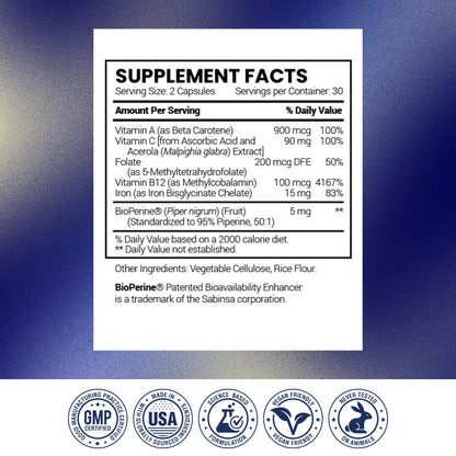 Research Verified Anemitrax - 6-in-1 Complete Blood Builder - Gentle on Stomach Iron Bisglycinate with Vitamin C, B12, Folate & BioPerine for Max Absorption - 180 Vegan Capsules