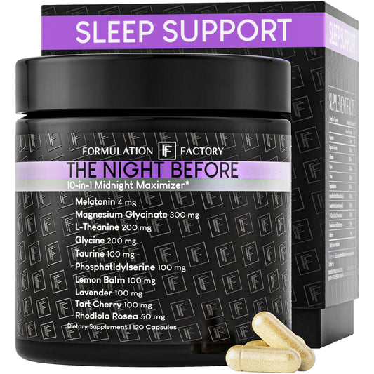Formulation Factory The Night Before 10-in-1 Sleep Support | Melatonin 4mg, Magnesium Glycinate 300mg, L-Theanine, Glycine & More | Supports Relaxation, Calm & Recovery (120 Capsules 2 Month Supply) Formulation Factory buy supplements Au