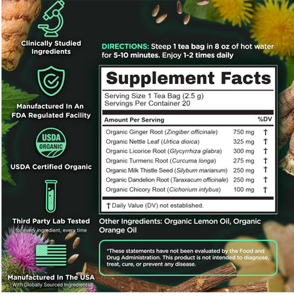 SuperBonsai Organic Liver Detox Tea – Dandelion Root & Milk Thistle Herbal Tea for Liver Support, Digestive Detox & Cleanse – Turmeric, Ginger & Nettle Botanical Blend
