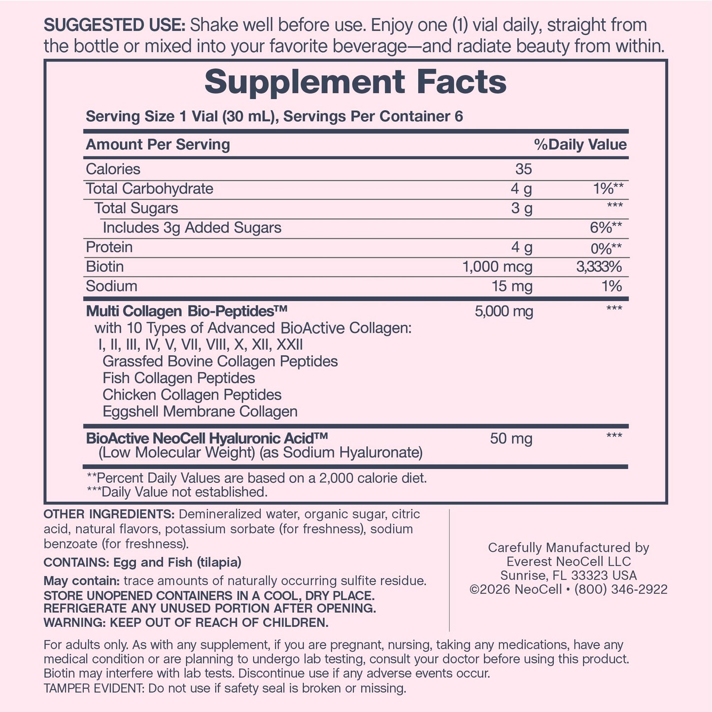 NeoCell Multi Collagen Peptides Liquid | 6 Vials | with Hyaluronic Acid and Biotin | Advanced Formula | Complex Beauty Supplement | Hair, Skin, and Nails