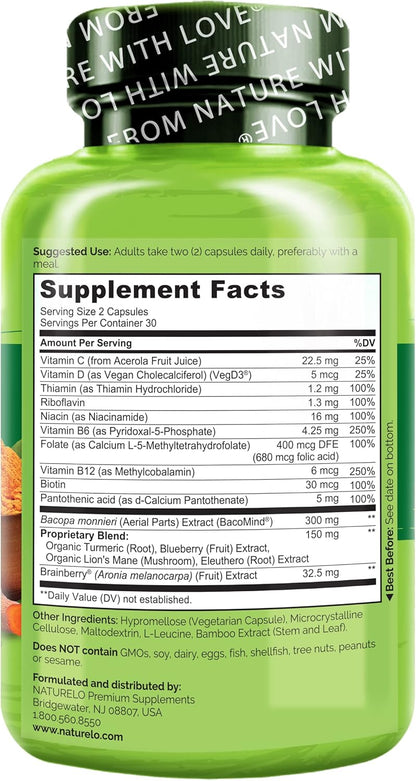 NATURELO Whole Food Brain Supplement - Brain Health Supplements for Memory & Focus Support - Enhance Brain Health Blend Supplement for Adults - 60 Vegetarian Capsules