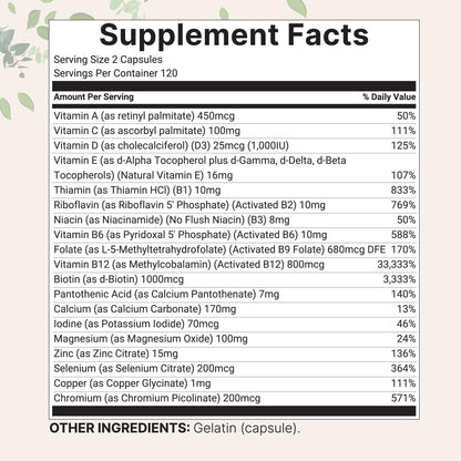 Micro Ingredients Pure Methylated Multivitamin Supplement, 240 Capsules | 19-in-1 Formula with Methylfolate, Methyl B12, Vitamins C, D, Magnesium & Zinc. For Women & Men. Iron Free, Filler Free.