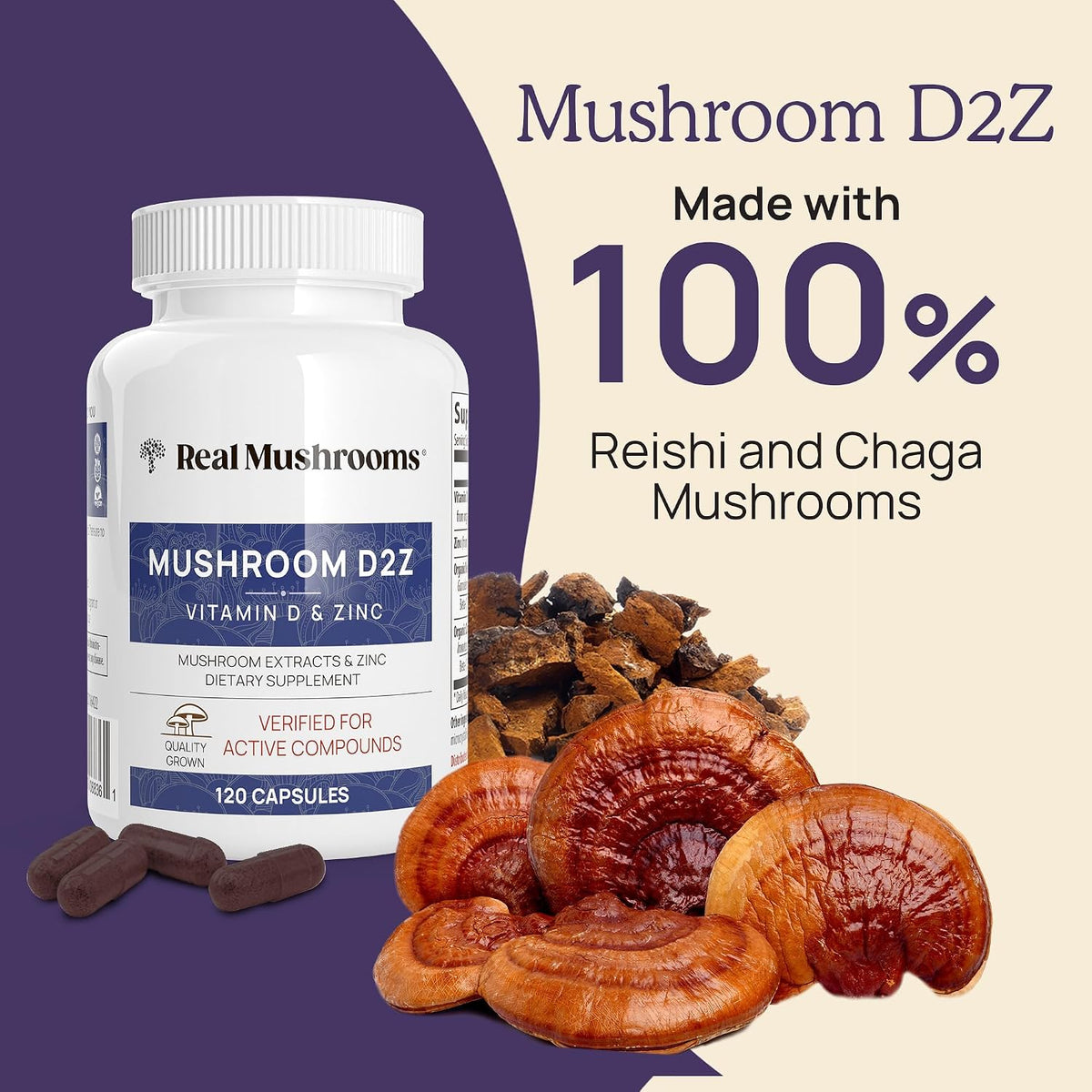 Real Mushrooms Vitamin D2, Zinc, Chaga, Reishi (120ct) and Lion's Mane (120ct) Bundle - Immunity and Cognitive Support, Chelated Zinc for Improved Absorption - Vegan, Gluten Free, Non-GMO