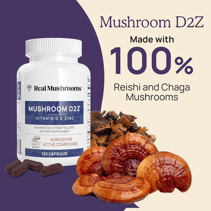 Real Mushrooms Vitamin D2, Zinc, Chaga, Reishi (120ct) and Lion's Mane (300ct) Bundle - Immunity and Cognitive Support, Chelated Zinc for Improved Absorption - Vegan, Gluten Free, Non-GMO