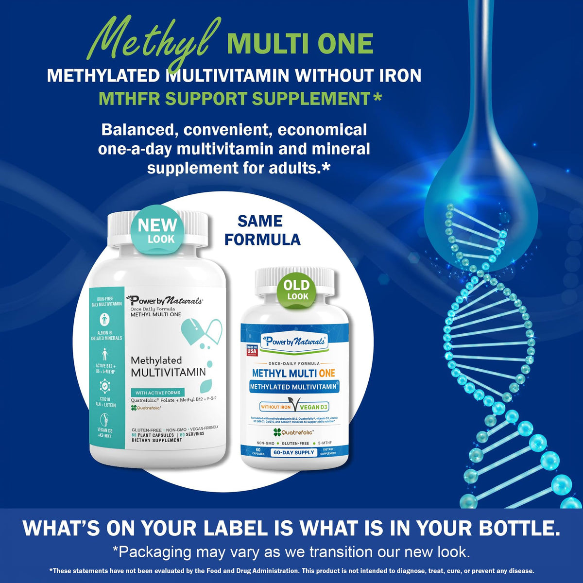 Power By Naturals Methyl Multi One – Iron-Free Methylated Multivitamin with 5-MTHF, Methyl B12 & CoQ10 – Methylation Support for Men & Women – Vegan, Non-GMO – 60 Capsules (2-Month Supply) | With 5-MTHF, Methyl B12 & CoQ10 - Methylation Daily Support for