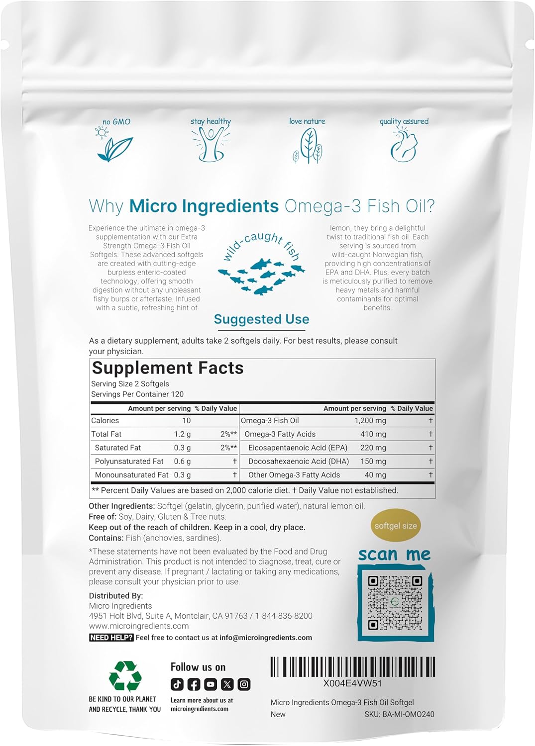 Micro Ingredients Extra Strength Omega 3 Fish Oil Supplements 1,200mg Per Serving, 240 Softgels | Lemon Flavored | Burpless | Essential Fatty Acids | EPA 220mg + DHA 150mg | Deep Sea Fish