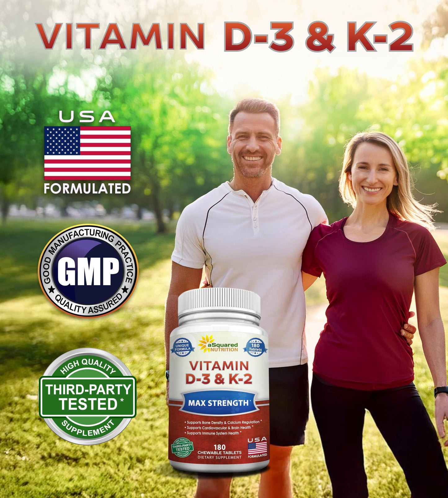 aSquared Nutrition Vitamin D3 with K2 Supplement-180 Chewable Tablets, Max Strength D-3 Cholecalciferol & K-2 MK7 to Support Healthy Bones, Teeth, Heart -Antioxidant D3