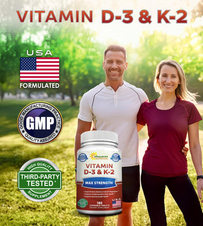 aSquared Nutrition Vitamin D3 with K2 Supplement-180 Chewable Tablets, Max Strength D-3 Cholecalciferol & K-2 MK7 to Support Healthy Bones, Teeth, Heart -Antioxidant D3