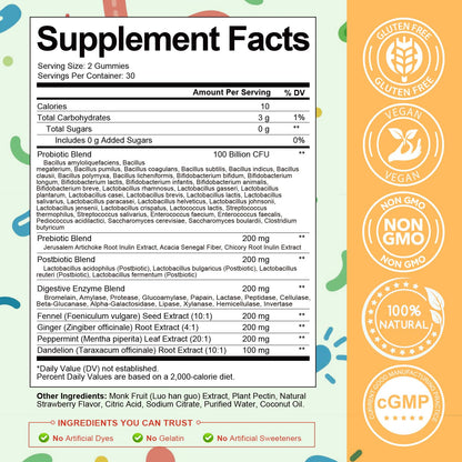 (2 Packs) Totaria Sugar Free 5-in-1 Probiotic Prebiotic Postbiotic Gummy, Probiotics for Women Men with Digestive Enzymes, Peppermint, Complete Immune, Gut & Digestive Support, Vegan Strawberry Flavor