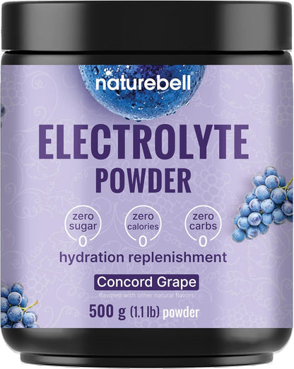 NatureBell Electrolytes Powder No Sugar, 500g (76 Servings) | Keto Fast Hydration Powder, Carnivore-Friendly Electrolyte – 1,000mg High Potassium, Minerals, & Coconut Water – Concord Grape Flavor
