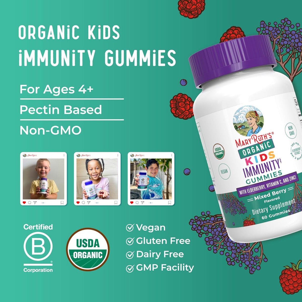 MARYRUTH'S Organics Kids Immune Support Gummies | USDA Organic | Vitamin C, Zinc, and Elderberry Gummies for Kids| Immune Support for Ages 4+ | Vegan | Non-GMO | Gluten Free | 60 Count