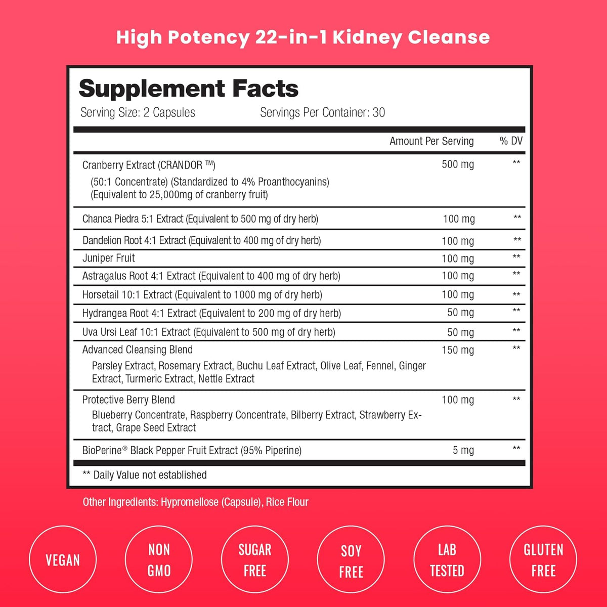 Kidney Cleanse Detox | 22-in-1 Kidney Support Supplement | Cranberry Pills Extract | Extra Strength Repair & Flush Premium Formula | Urinary Tract Health for Women & Men | 60 Vegan Capsules