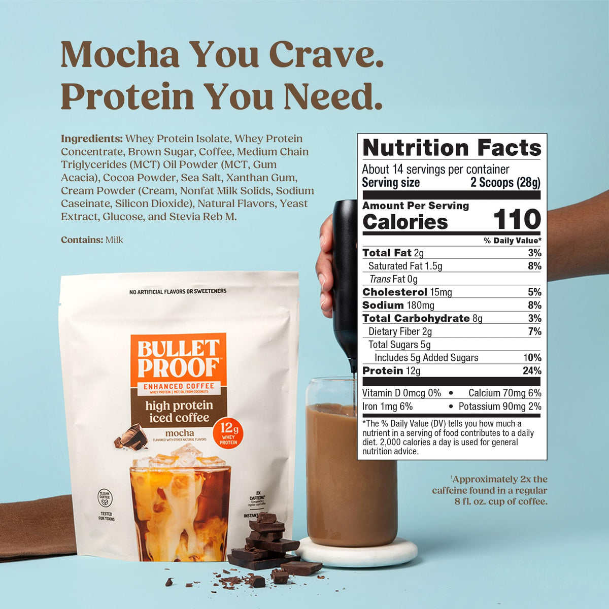 Bulletproof Iced Protein Coffee, Mocha, 12g Whey Protein + MCT Oil, 170mg Caffeine, Instant Coffee from Real Beans & Cocoa, Tested for Toxins, No Artificial Flavors & Sweeteners, 14 Servings