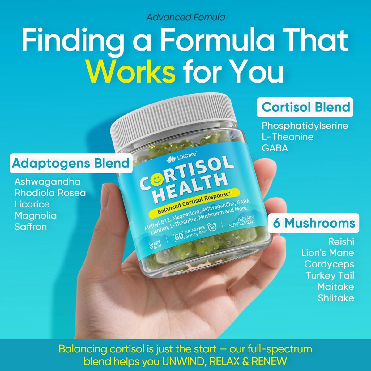 Cortisol Gummies for Women & Men, Sugar Free Cortisol Reducer Supplements w/ Magnesium, Ashwagandha, Mushroom, L-theanine, Rhodiola, Vitamin B6 B12 for Cortisol Detox, Relax, Sleep Support 2 Pack