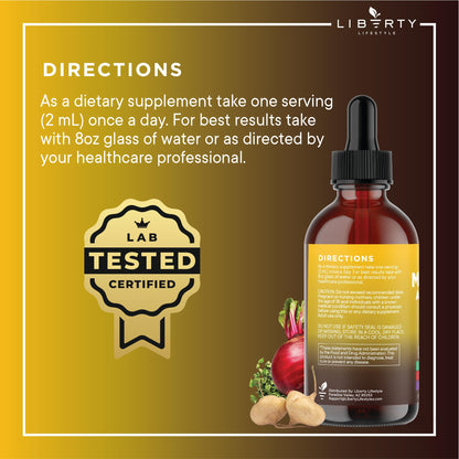 Liberty Lifestyle Organic Maca Root Liquid Drops with Ashwagandha, Nettle, Fenugreek, Beet Root and L-Arginine Liquid Multivitamin for Women and Men - 2oz