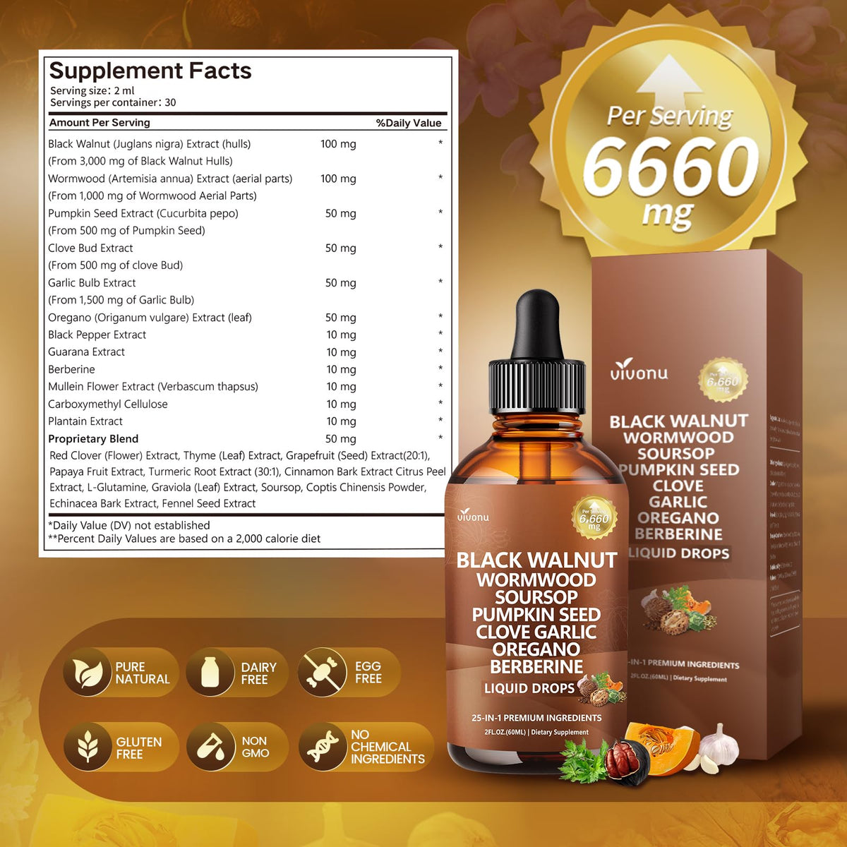 25-in-1 Black Walnut Wormwood Tincture for Liposomal, Cleanse for Humans Drops Liquid with Soursop, Garlic, Pumpkin Seed, Berberine, Oregano, Turmeric, Echinacea, Cinnamon, Fennel Seed Extract