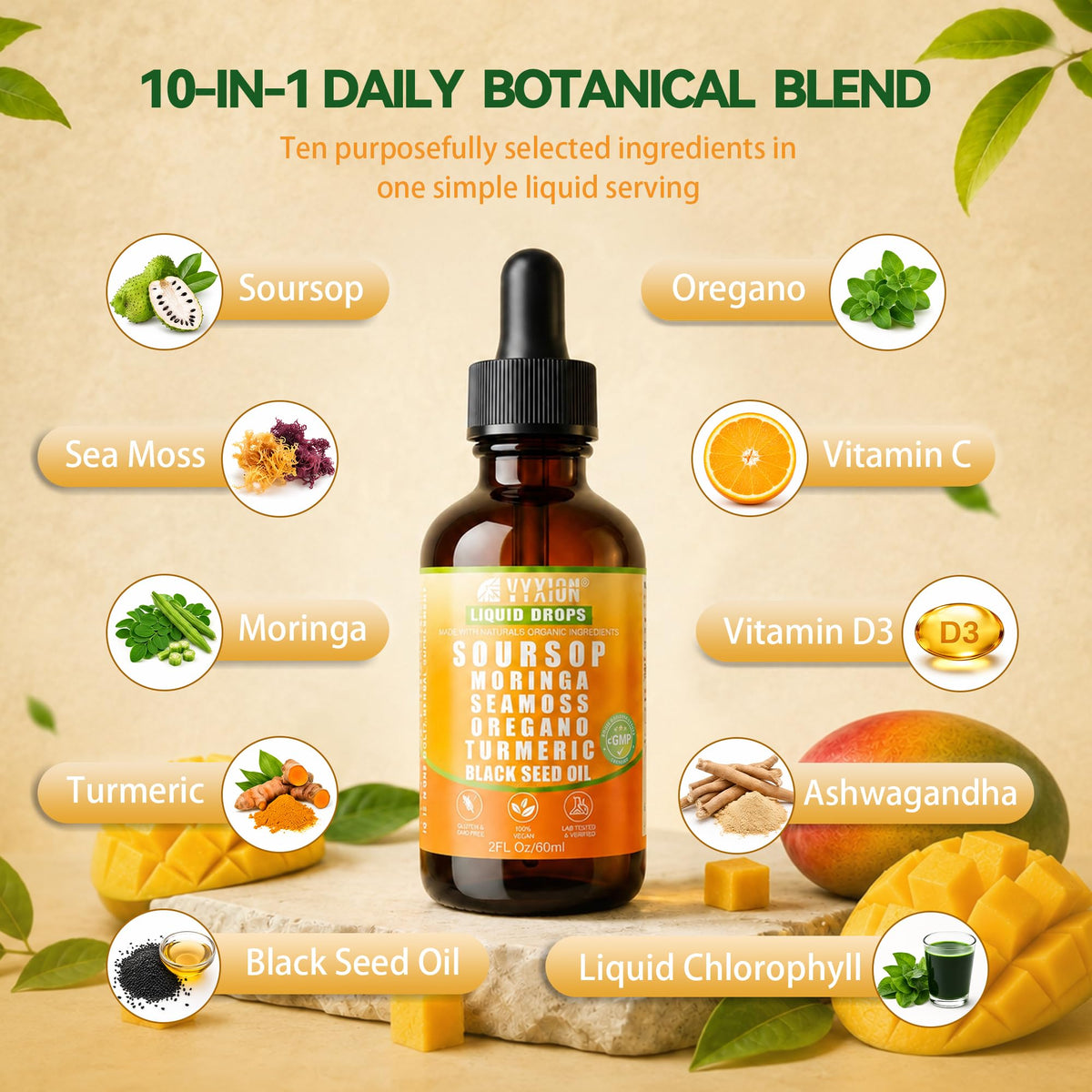 Soursop Bitters Liquid Drops 10 in 1 with Sea Moss, Moringa, Turmeric, Black Seed Oil, Oregano, Ashwagandha | Herbal Extracts for Overall Health-Enhancing |Vegan, Non-GMO| 2 Fl Oz(Mixed Berry Flavor)