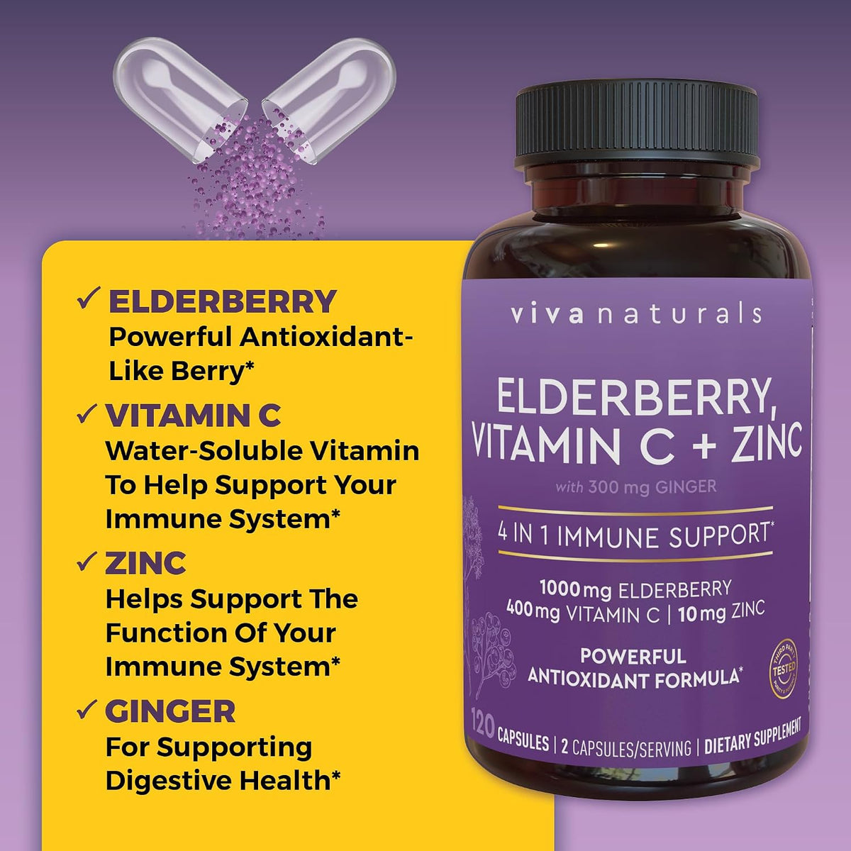 Viva Naturals Elderberry with Vitamin C and Zinc, 120 Capsules - 1000mg Sambucus Elderberry per Serving Immune Support Supplement, Black Elderberry Capsules for Adults, Elderberry Vitamins
