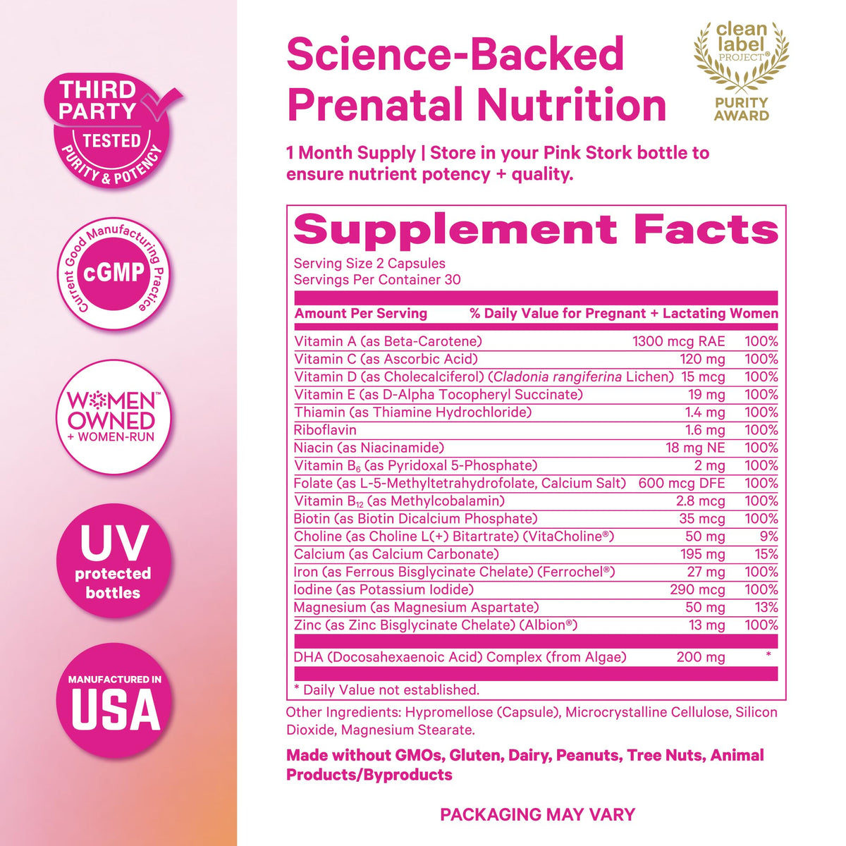 Pink Stork Total Prenatal Vitamins for Women, Clean Label, 60 Count, Mint | Vegan DHA, Methylfolate, Iron, Choline, Vitamin B12 - Preconception Nutrition - No Fishy Burps - Pregnancy Essentials