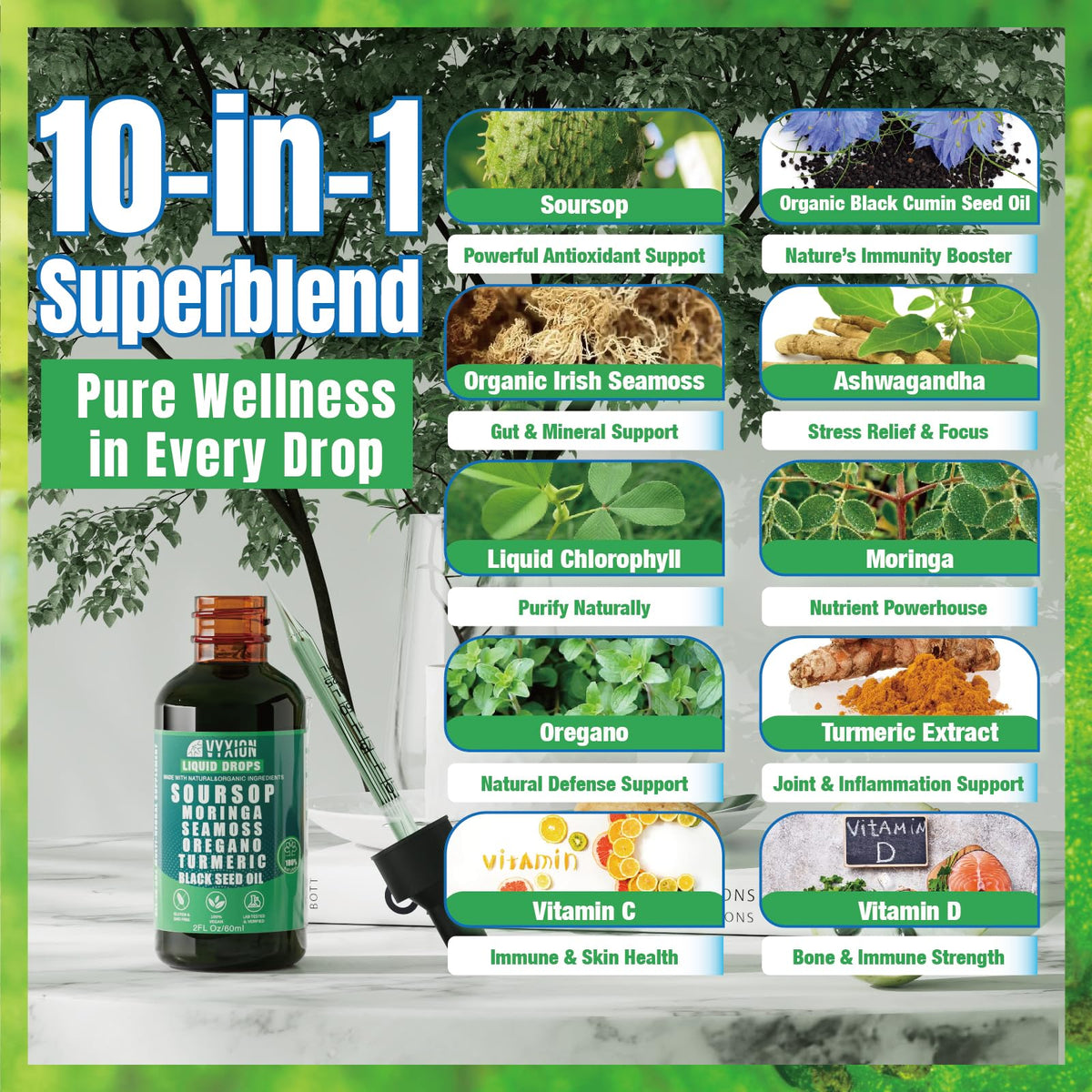 Soursop Bitters Liquid Drops 10 in 1 with Sea Moss, Moringa, Turmeric, Black Seed Oil, Oregano, Ashwagandha | Herbal Extracts for Overall Health-Enhancing |Vegan, Non-GMO| 2 Fl Oz(Mixed Berry Flavor)