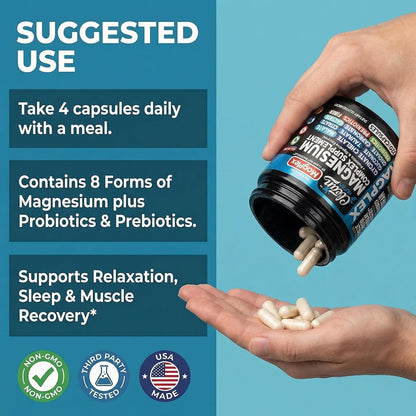 8in1 Magnesium Supplement Complex | Magnesium Glycinate Citrate Malate Gluconate Orotate Carbonate Lactate + Prebiotics Probiotics Digestive Enzymes Magnesio Capsules for Women Men By Clean Nutra