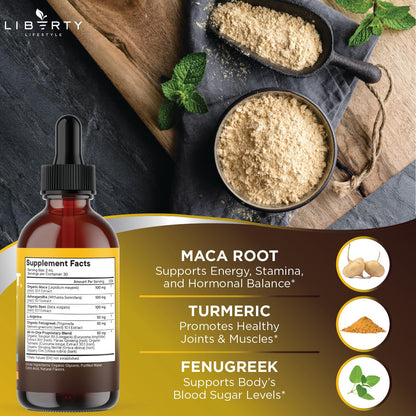 Liberty Lifestyle Organic Maca Root Liquid Drops with Ashwagandha, Nettle, Fenugreek, Beet Root and L-Arginine Liquid Multivitamin for Women and Men - 2oz