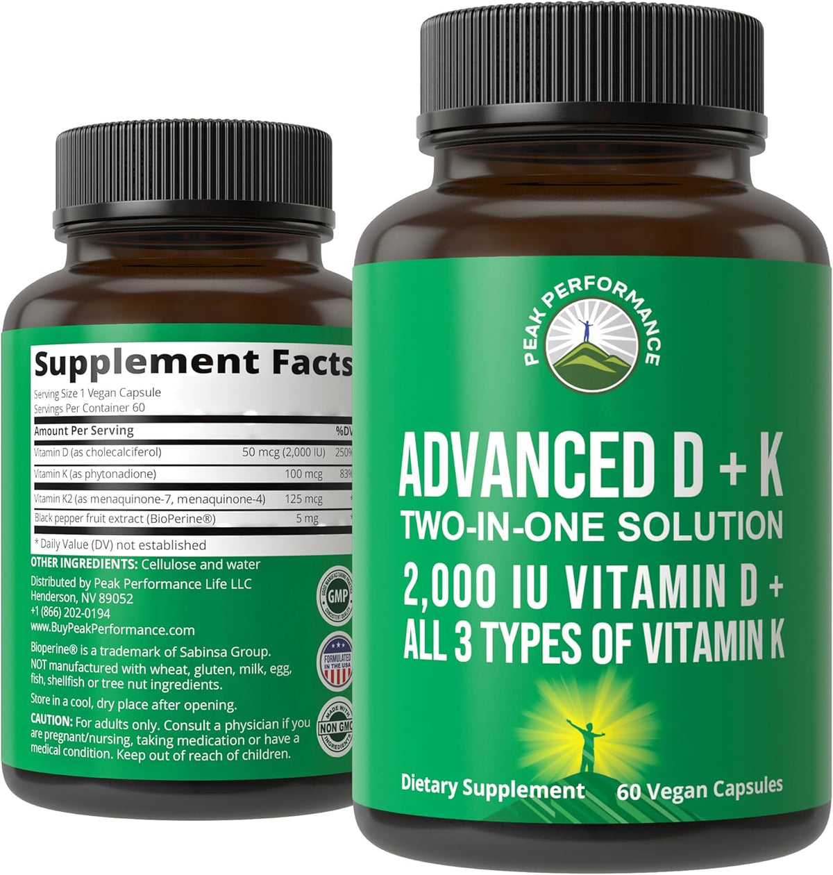 Peak Performance Advanced Vitamin D 2000 IU with All 3 Types of Vitamin K Vitamin D3 and Vitamin K2, K1, MK-7 (MK7), MK4 Supplements - 60 Small and Easy to Swallow Vegetable Capsules