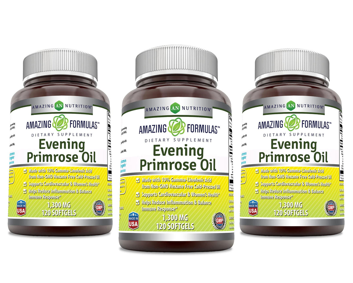Amazing Formulas Evening Primrose Oil 1300mg, 10% GLA, Softgels Supplement | Hexane Free Cold Pressed Oil | Non-GMO | Gluten Free (250 Count)