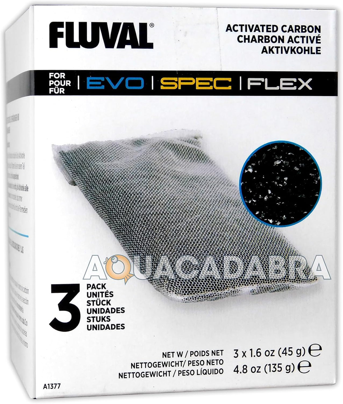 Fluval Spec/Evo/Flex Activated Carbon, Replacement Aquarium Filter Media, 3-Pack, A1377 | Replacement Aquarium Filter Media