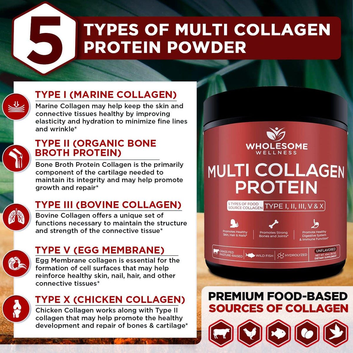 Wholesome Wellness Multi Collagen Protein Powder Hydrolyzed (Type I II III V X) + Grass Fed Desiccated Beef Liver Capsules (180 Pills, 750mg Each) - Natural Iron, Vitamin A, B12 for Energy Bundle