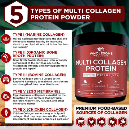 Wholesome Wellness Multi Collagen Protein Powder Hydrolyzed (Type I II III V X) + Grass Fed Desiccated Beef Liver Capsules (180 Pills, 750mg Each) - Natural Iron, Vitamin A, B12 for Energy Bundle
