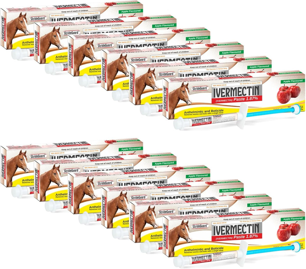 Horse Ivermectin Paste 1.87% – Apple Flavored Oral Horse Dewormer Syringe – 6.08g Tube Treats Horses Up to 1250 LB [Pack-12]