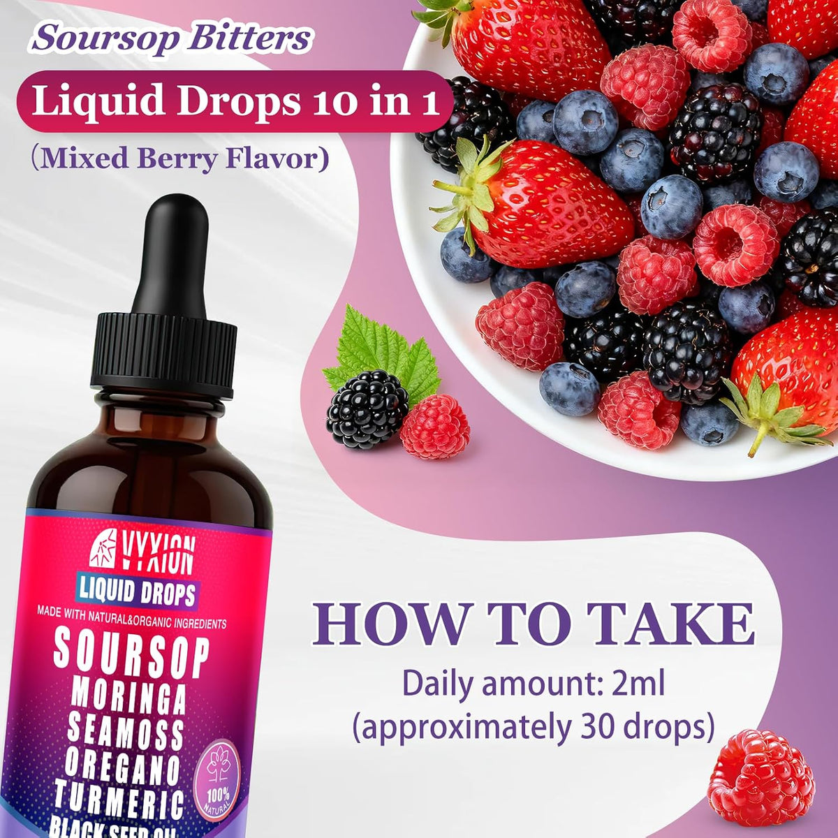 Soursop Bitters Liquid Drops 10 in 1 with Sea Moss, Moringa, Turmeric, Black Seed Oil, Oregano, Ashwagandha | Herbal Extracts for Overall Health-Enhancing |Vegan, Non-GMO| 2 Fl Oz(Mixed Berry Flavor)