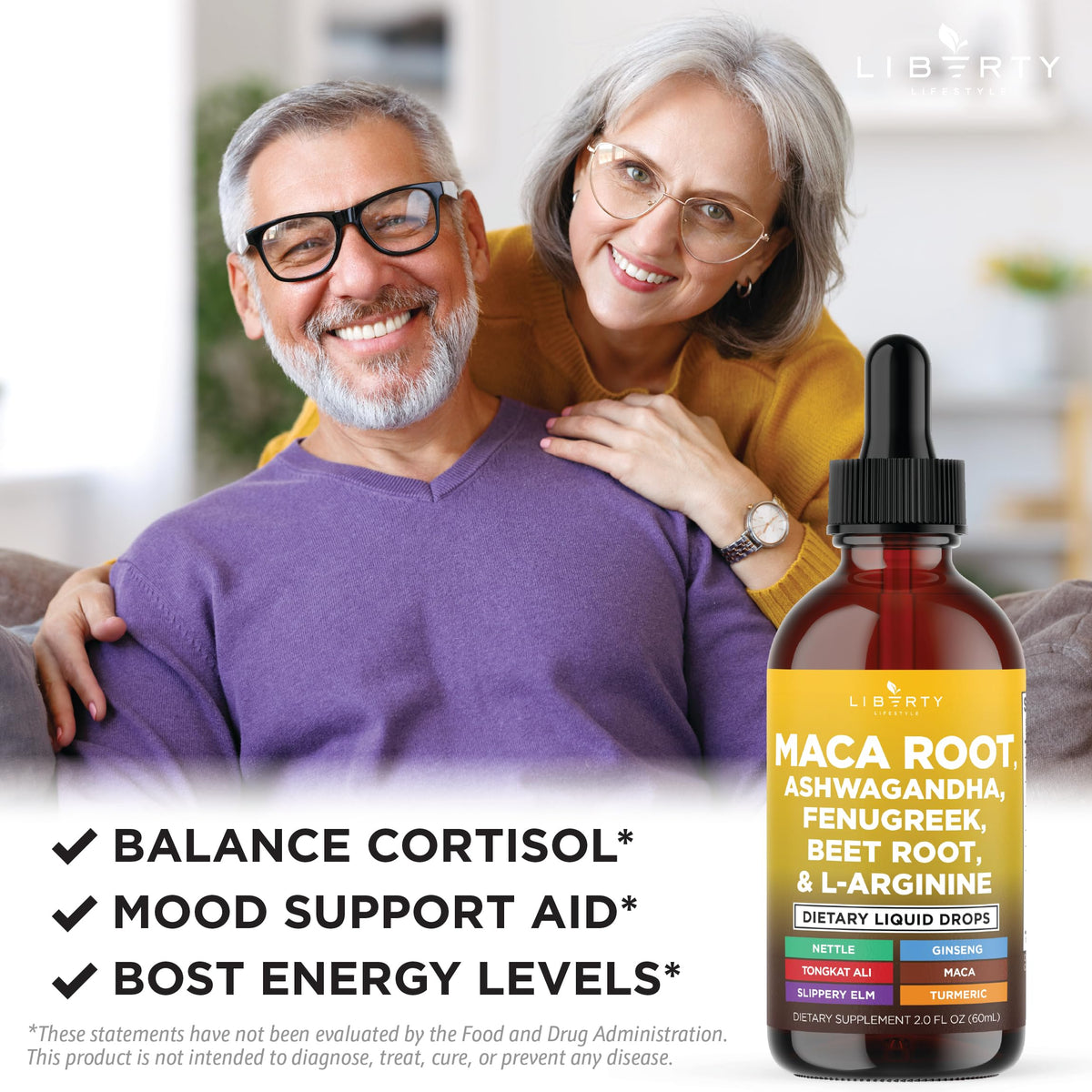 Liberty Lifestyle Organic Maca Root Liquid Drops with Ashwagandha, Nettle, Fenugreek, Beet Root and L-Arginine Liquid Multivitamin for Women and Men - 2oz