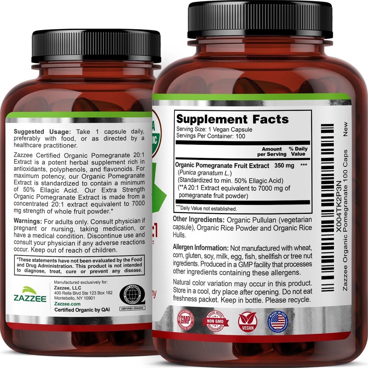 Zazzee USDA Organic Pomegranate 20:1 Extract, 50% Ellagic Acid 100 Capsules | Vegan, 3+ Month Supply, Punica Granatum, Antioxidant, Immune & Polyphenol Support, All-Natural, Non-GMO, Made in the USA