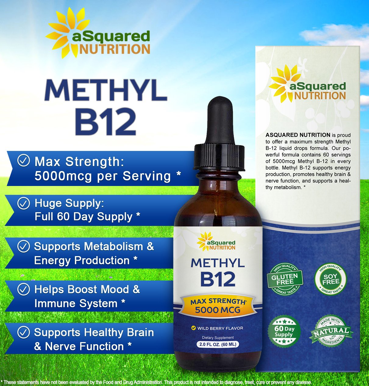 aSquared Nutrition Vitamin B12 Sublingual Liquid Drops - 5000 MCG Supplement with Methylcobalamin (Methyl B-12) - Max Absorption
