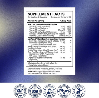 Research Verified Memory Booster - Nootropic Supplement - Enhance Cognition and Memory - Lion’s Mane, Ginkgo Biloba, BioPerine - 60 Capsules - Non-GMO - Made in the USA