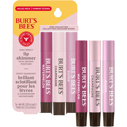 Burt's Bees Lip Shimmer Pink Collection, Tinted Lip Balm Stick, Moisturizing for All Day Hydration with Natural Glowy Pigmented Finish & Buildable Color, 3 Shades, Value Pack, 0.09 oz., Three Tubes