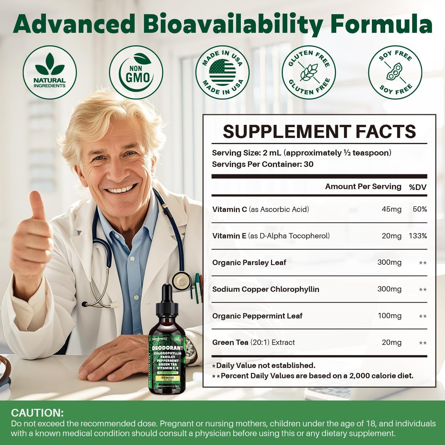 Chlorophyll Liquid Drops – Body Deodorizing Supplement for Women & Men – Detox, Energy & Skin Health Support– Vegan, Non-GMO, 2 Fl Oz