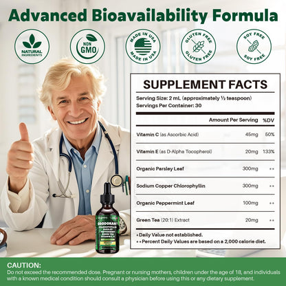 Chlorophyll Liquid Drops – Body Deodorizing Supplement for Women & Men – Detox, Energy & Skin Health Support– Vegan, Non-GMO, 2 Fl Oz