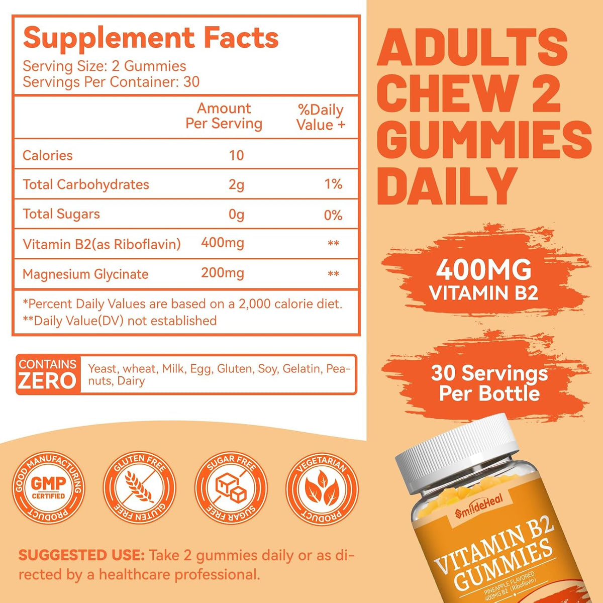 Vitamin B2 Gummies,Riboflavin 400mg Supplement with Magnesium for Adults | B2 Gummies for Migraine Relief* & Nervous System Support*,Vegan - 60 Counts