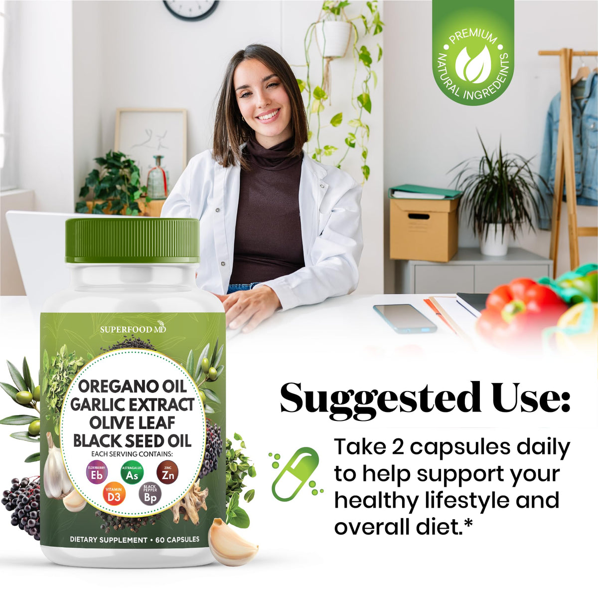 Superfood MD Oregano Oil Garlic Extract Olive Leaf Black Seed Oil Astragalus- for Women and Men- 60 Count