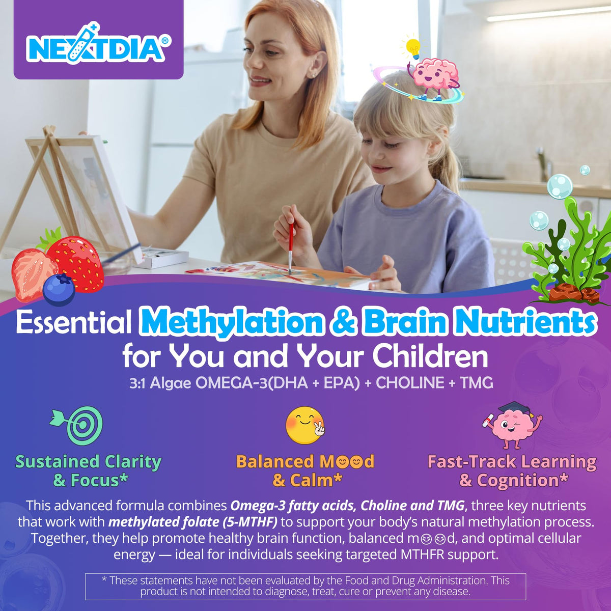 L-Methylfolate 1000 mcg + Methyl B12 Gummies for Kids & Adults - Active 5-MTHF, w/Omega-3 DHA & EPA(3:1), Choline & TMG, B6, Supports MTHFR Gene, Brain, Energy & Methylation, Sugar free, 60 Cts