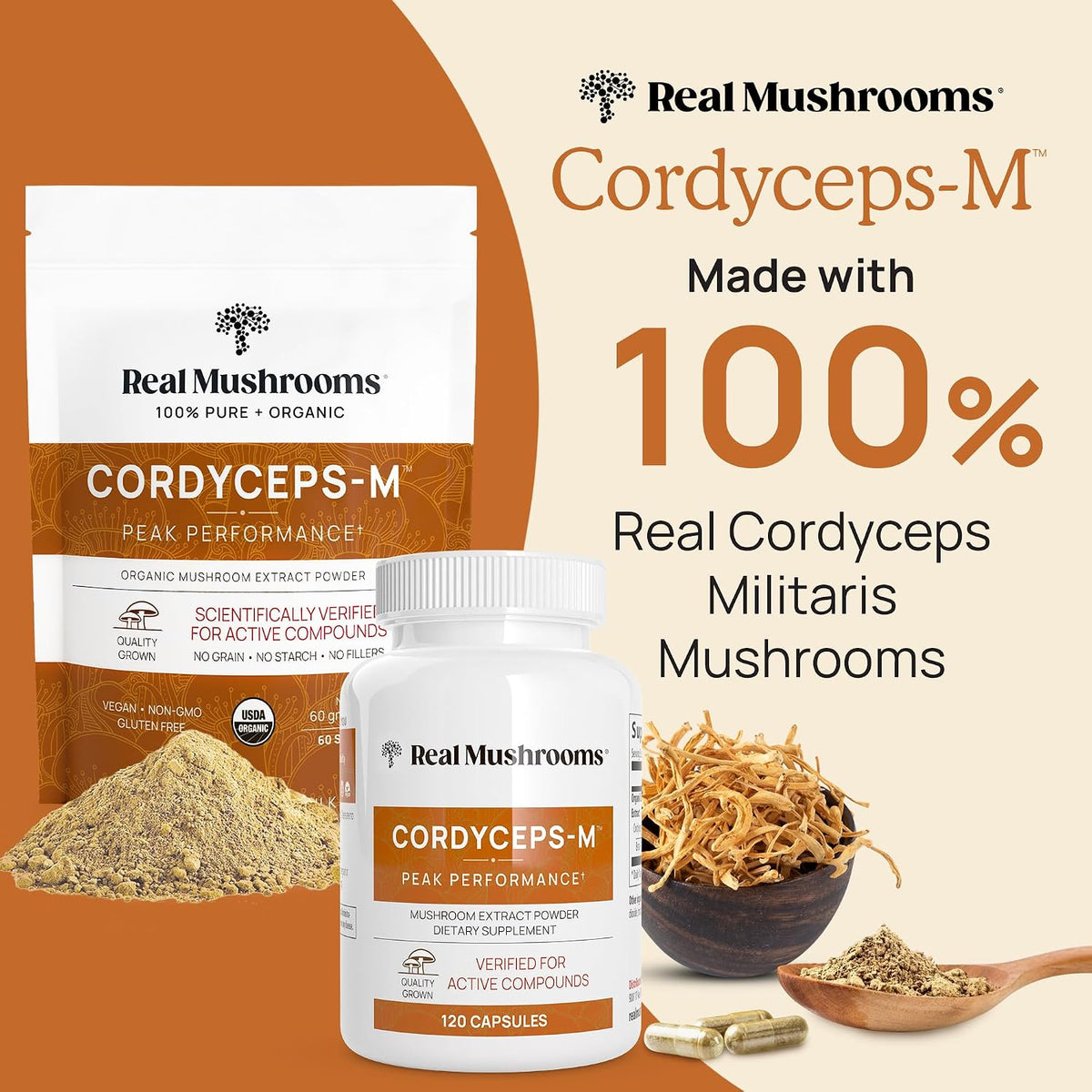 Real Mushrooms Lions Mane (120ct) and Cordyceps (120ct) Capsules Bundle - Mushroom Supplement for Cognition, Energy and Endurance