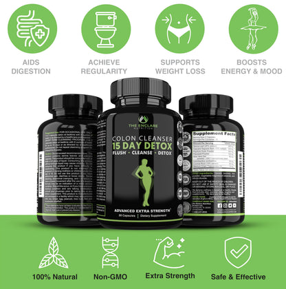 THE ENCLARE NUTRITION Colon Cleanse 15 Day Gut Cleanse Pills - Colon Cleanser for Women & Men - Psyllium Probiotic Laxatives for Constipation, Bloating Relief,