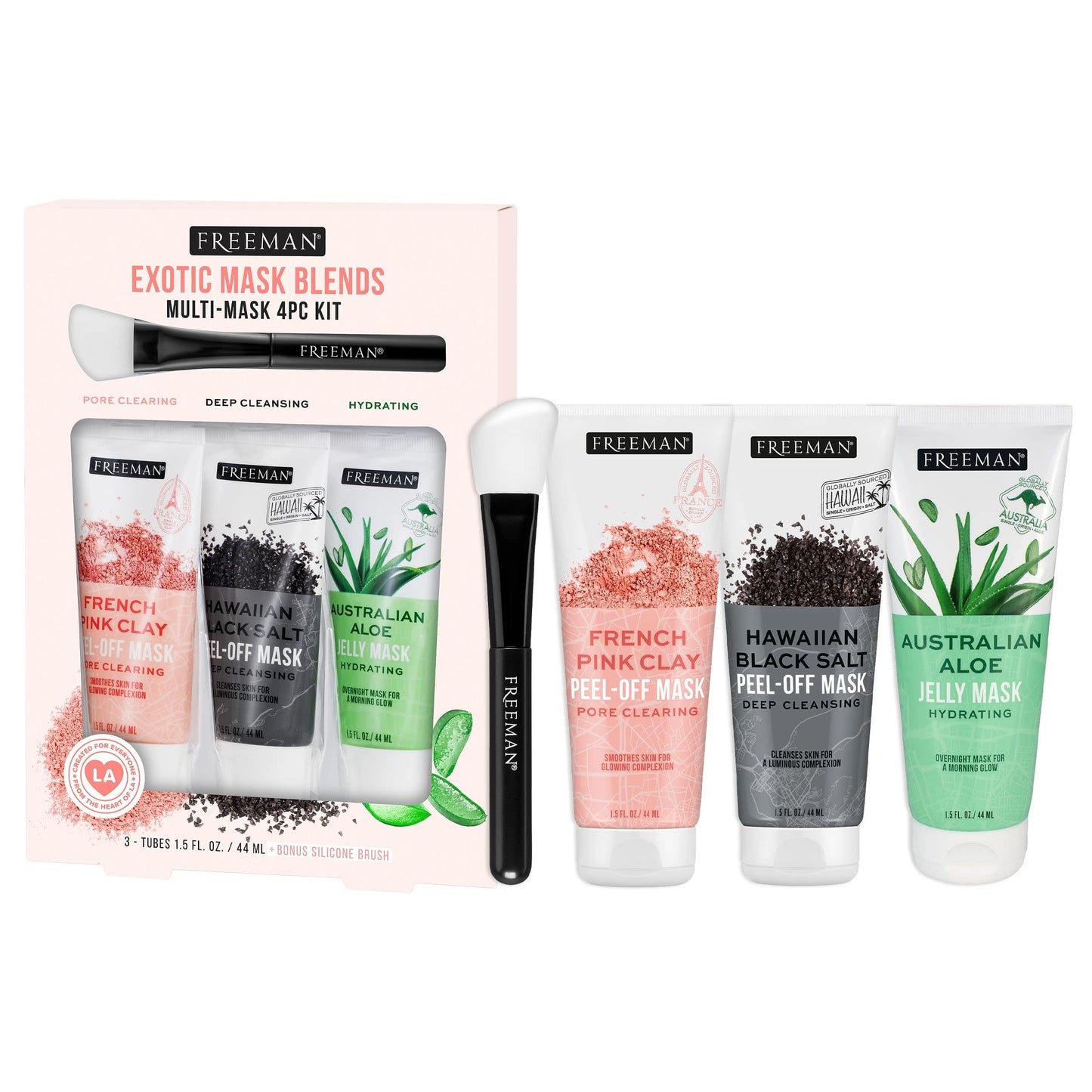 Freeman Exotic Blends Facial Mask 4 Piece Set, Peel-Off & Jelly Masks, Cleansing, Pore-Clearing & Hydrating Facial Masks, For All Skin Types,