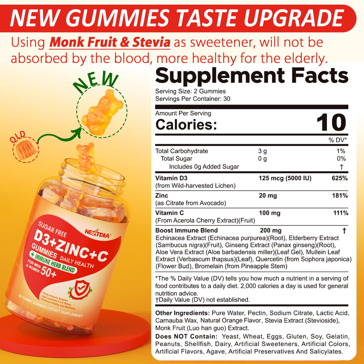 Sugar Free Vitamin C + D3 + Zinc Gummies for Adults 50 +, 9 in 1 Immune Defense Supplement with D3 5000IU, Elderberry, Echinacea, Mullein Leaf for Boost Immunity, Power Antioxidant, Vegan (Pack of 2)