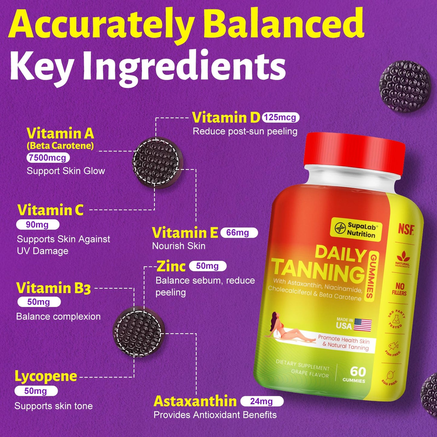 MEGNETA Tanning Gummies for Women Men - Sunless Glow Tanning Supplement with Astaxanthin, Beta Carotene, Lycopene, Zinc & Vitamins C D E, Sunless Tan Booster, Skin Hydration & Glow (Purple)